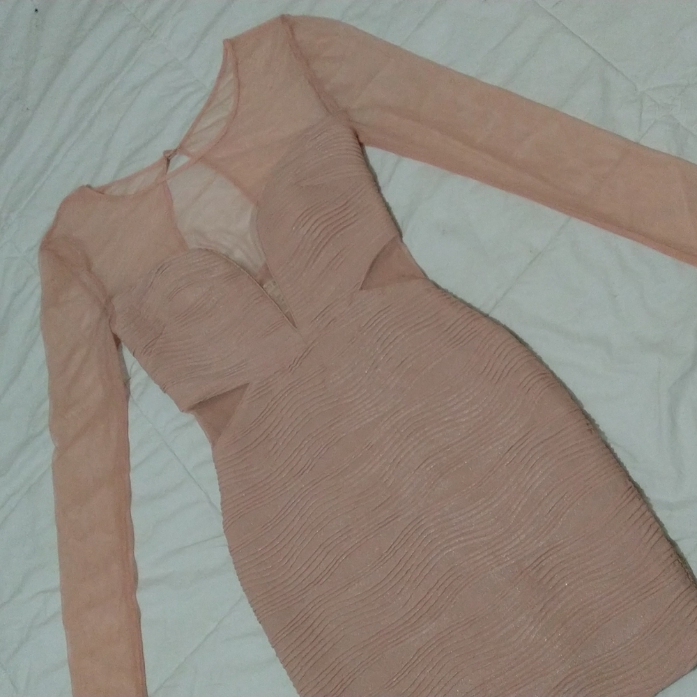 Light Pink Mini Cocktail Dress XS Long sleeve see through